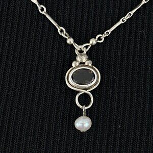 TOPAZ sterling silver & freshwater pearl pendant necklace - unique 16.5" chain